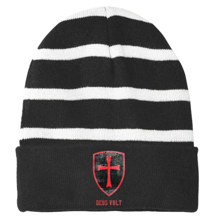 Deus Vult Knight Templar Cross Templar Vintage Medieval Striped Beanie with Solid Band