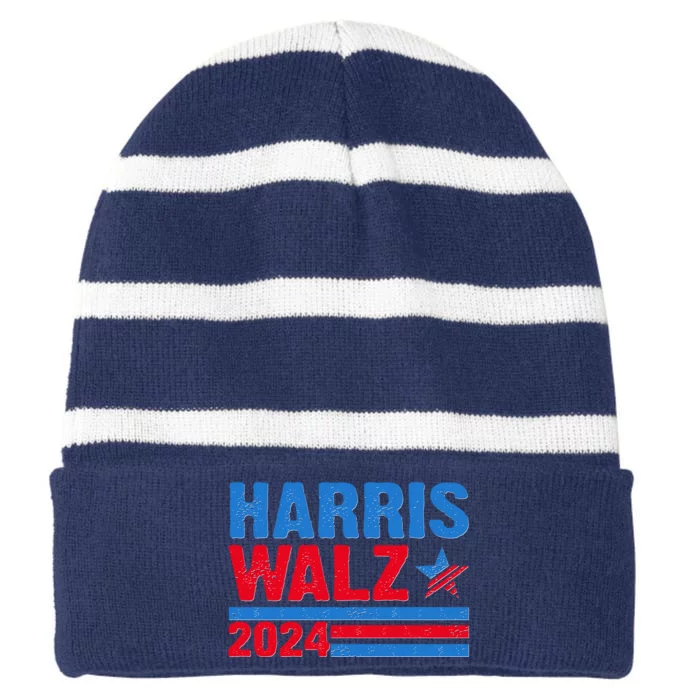 Distressed Vote Kamala Harris Tim Walz 2024 Election Striped Beanie with Solid Band