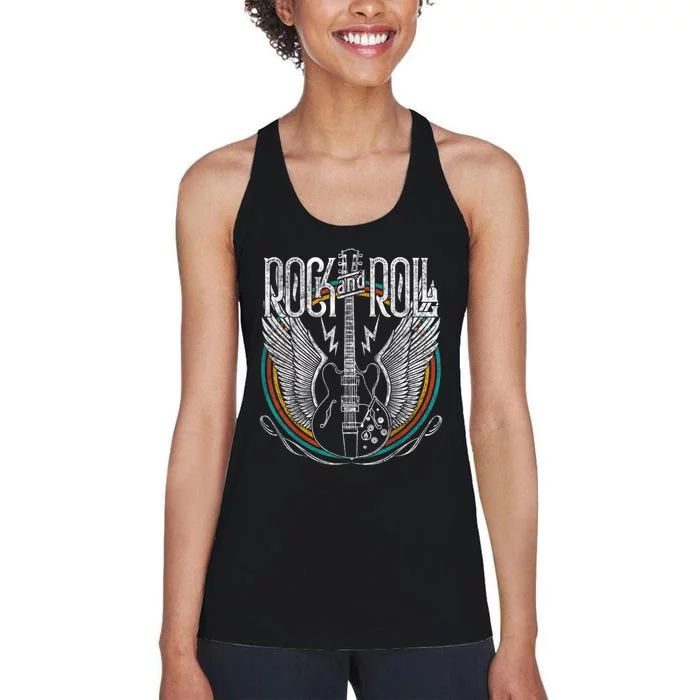 Distressed Vintage Retro 80s Rock & Roll Music Guitar Wings Women's Racerback Tank