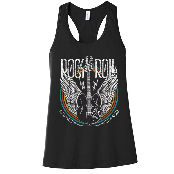 Distressed Vintage Retro 80s Rock & Roll Music Guitar Wings Women's Racerback Tank