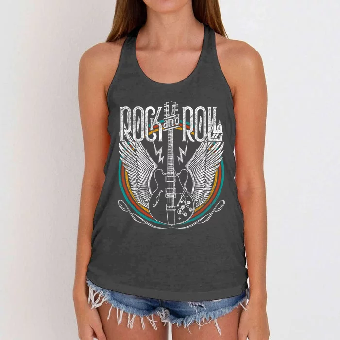 Distressed Vintage Retro 80s Rock & Roll Music Guitar Wings Women's Knotted Racerback Tank