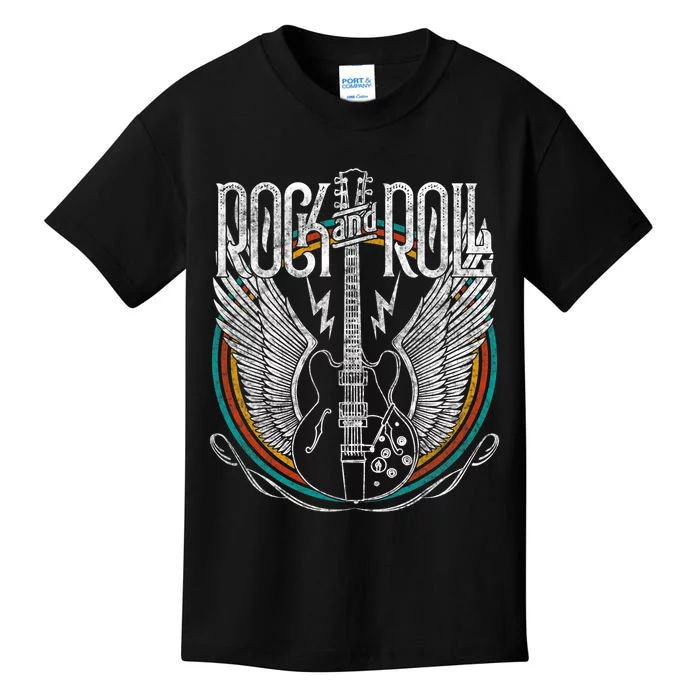 Distressed Vintage Retro 80s Rock & Roll Music Guitar Wings Kids T-Shirt