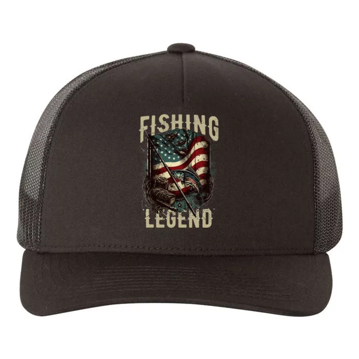 Distressed Vintage USA Flag Quote Fishing Legend Yupoong Adult 5-Panel Trucker Hat