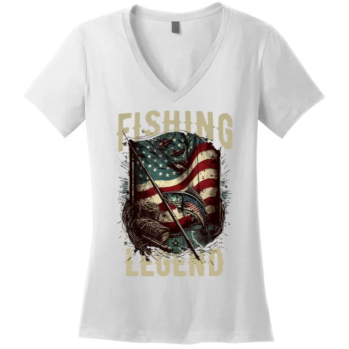 Distressed Vintage USA Flag Quote Fishing Legend Women's V-Neck T-Shirt