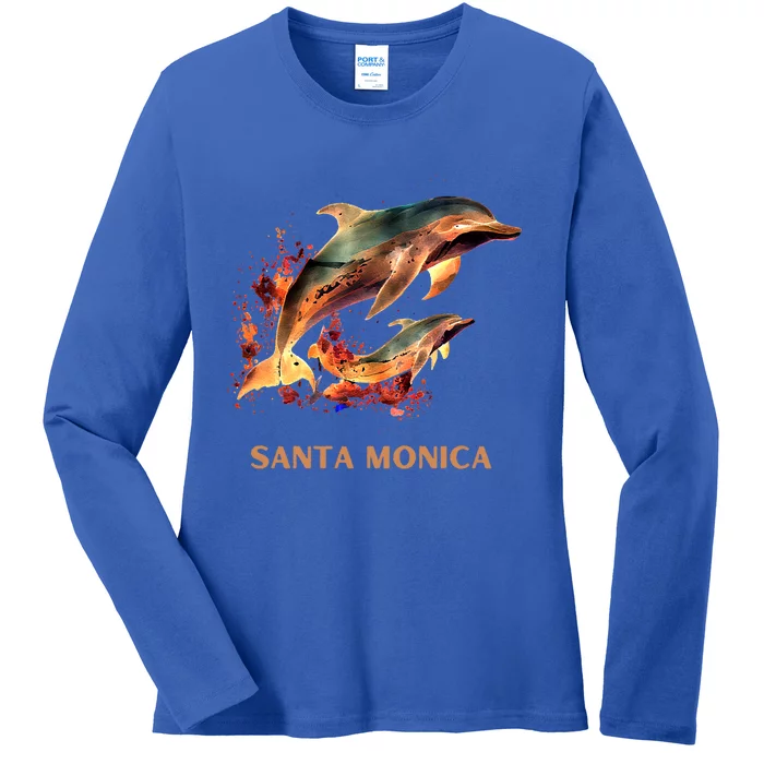 Dolphin Vacation Vintage Santa Monica Beach Destination Funny Gift Ladies Long Sleeve Shirt