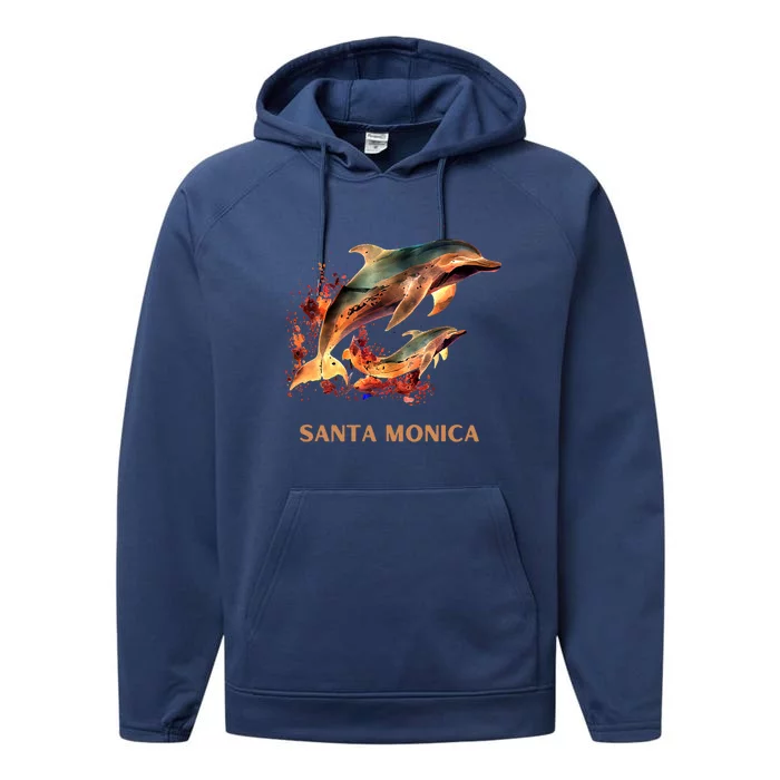 Dolphin Vacation Vintage Santa Monica Beach Destination Funny Gift Performance Fleece Hoodie