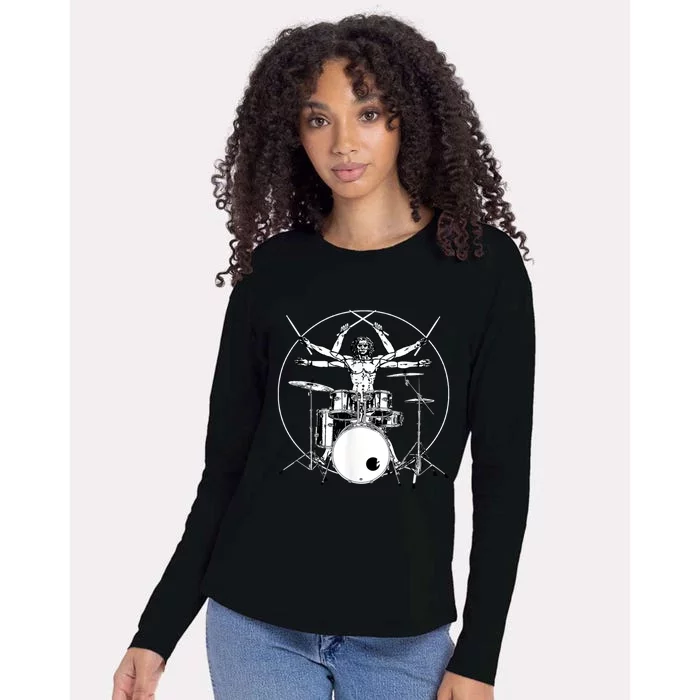 Da Vinci Vitruvian Man Drummer Womens Cotton Relaxed Long Sleeve T-Shirt