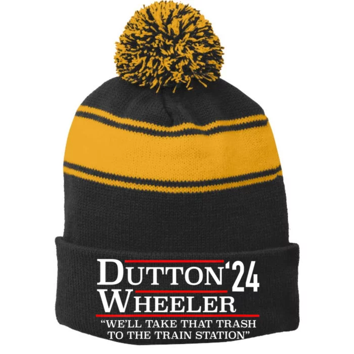 D_utton Wheeler 2024 Train Station Anti Biden Yellow Stone Stripe Pom Pom Beanie