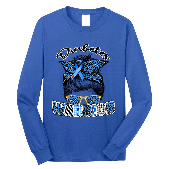 Diabetes Warrior Blue Messy Bun Leopard T1d T2d Diabetic Gift Long Sleeve Shirt