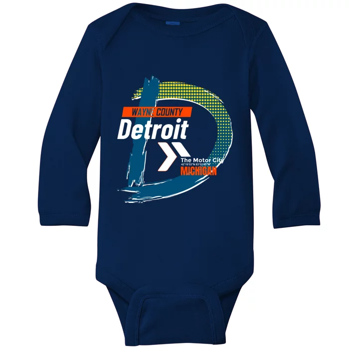 Detroit Wayne County Michigan Modern Logo Baby Long Sleeve Bodysuit