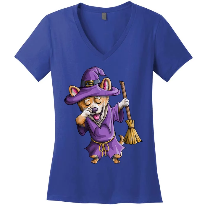 Dabbing Witch Corgi Cute Halloween Corgi Funny Dab Dog Gift Women's V-Neck T-Shirt