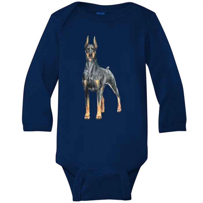 Doberman Watercolor Dog Baby Long Sleeve Bodysuit