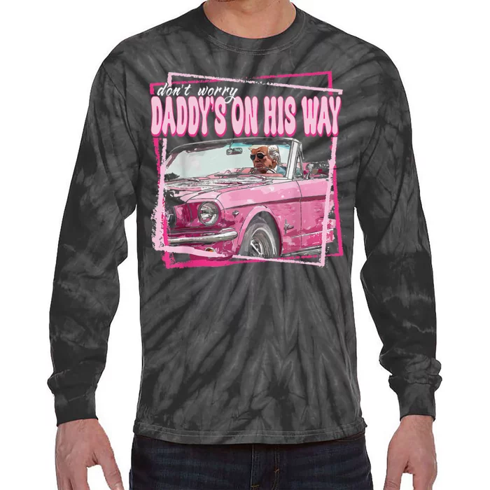 Dont Worry Daddys On His Way Funny Trump In Pink Car 2024 Tie-Dye Long Sleeve Shirt