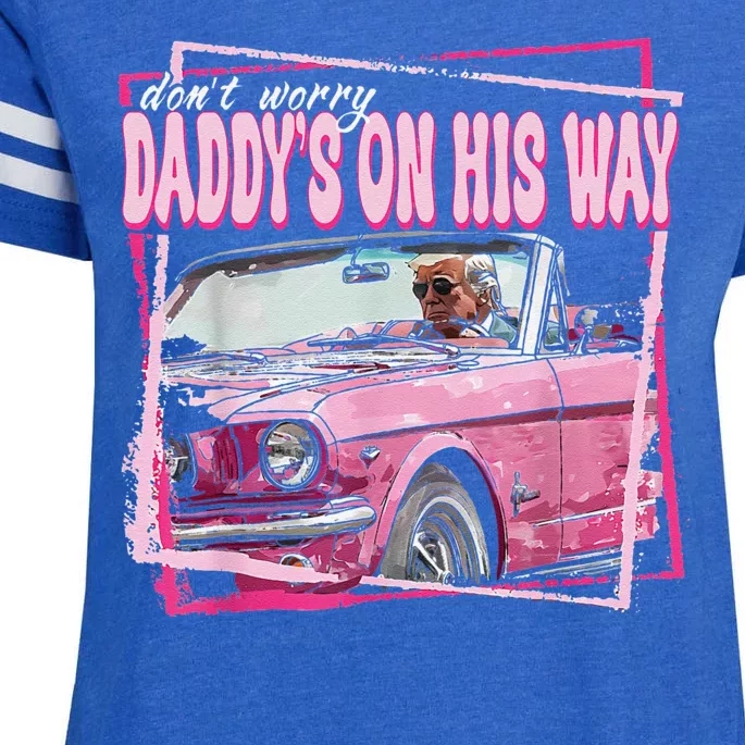 Dont Worry Daddys On His Way Funny Trump In Pink Car 2024 Enza Ladies Jersey Football T-Shirt