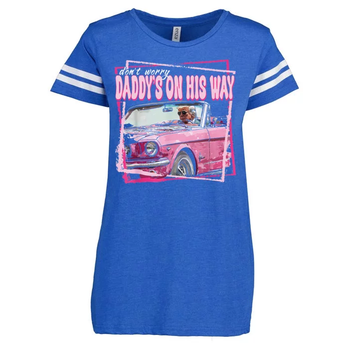 Dont Worry Daddys On His Way Funny Trump In Pink Car 2024 Enza Ladies Jersey Football T-Shirt