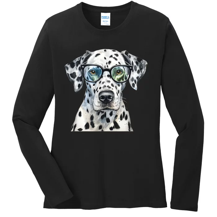 Dalmatian Watercolor Dog Wearing Glasses Ladies Long Sleeve Shirt