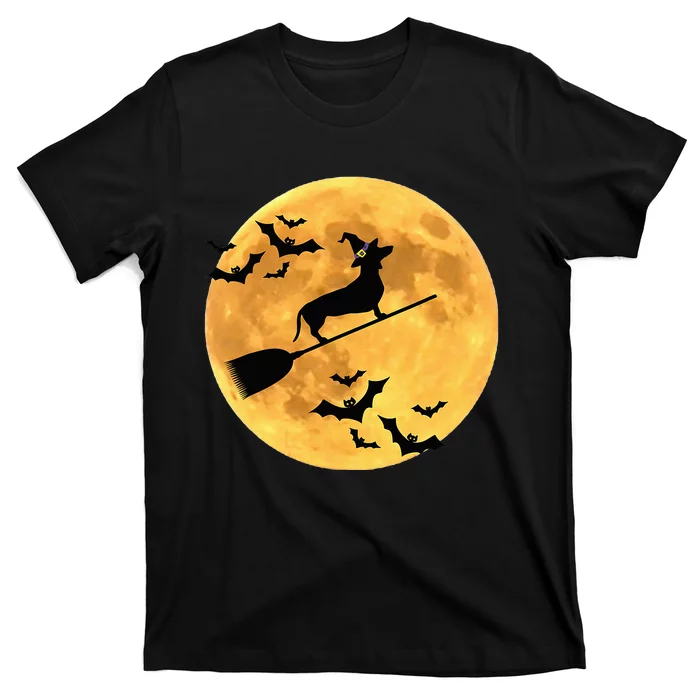 Dachshund Witch Dog Halloween Moon Broomstick Broom T-Shirt
