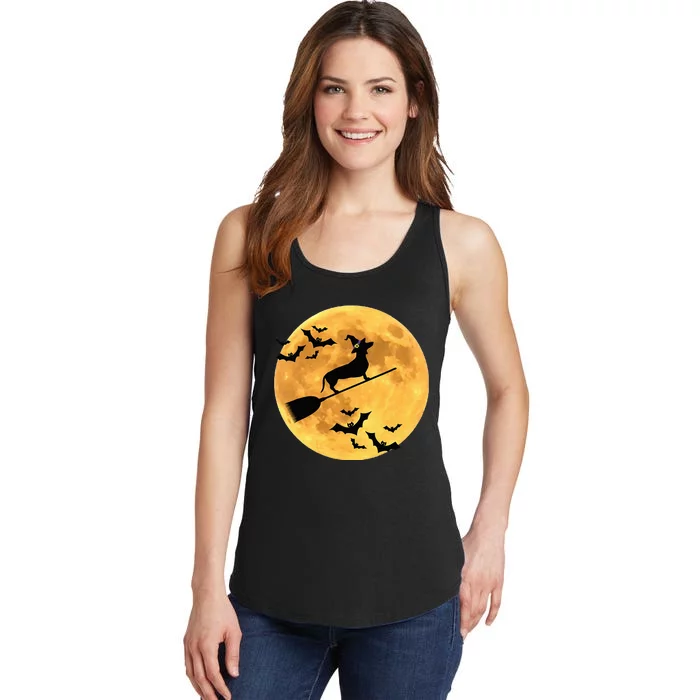 Dachshund Witch Dog Halloween Moon Broomstick Broom Ladies Essential Tank