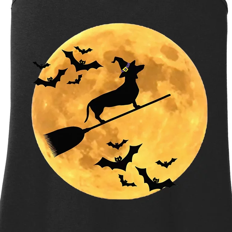 Dachshund Witch Dog Halloween Moon Broomstick Broom Ladies Essential Tank