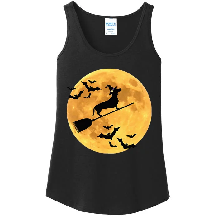 Dachshund Witch Dog Halloween Moon Broomstick Broom Ladies Essential Tank