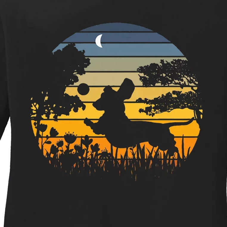 Dachshund Wiener Dog Sunset Garden Ladies Long Sleeve Shirt