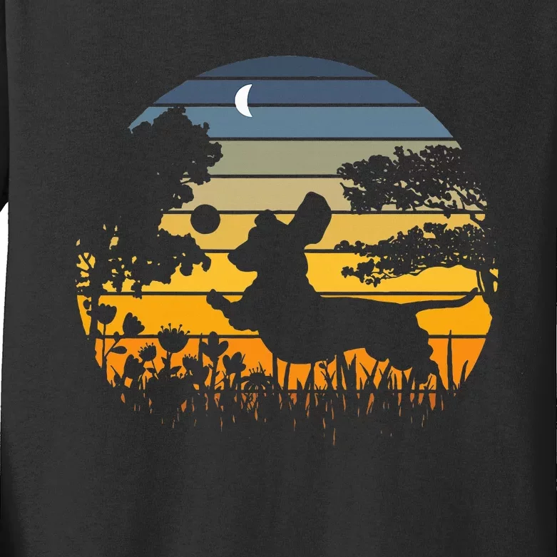 Dachshund Wiener Dog Sunset Garden Kids Long Sleeve Shirt