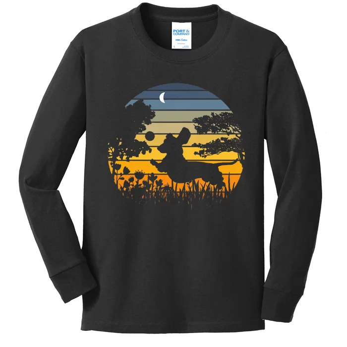 Dachshund Wiener Dog Sunset Garden Kids Long Sleeve Shirt