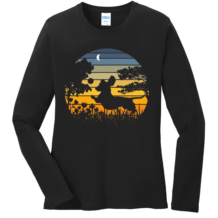 Dachshund Wiener Dog Sunset Garden Nature Lover Ladies Long Sleeve Shirt