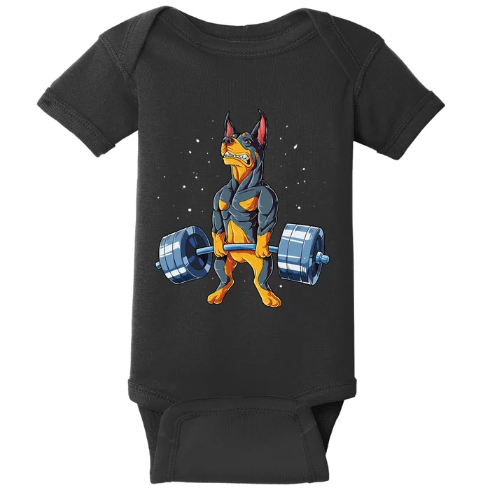 Doberman Weightlifting Funny Deadlift Fitness Gym Gifts Baby Bodysuit