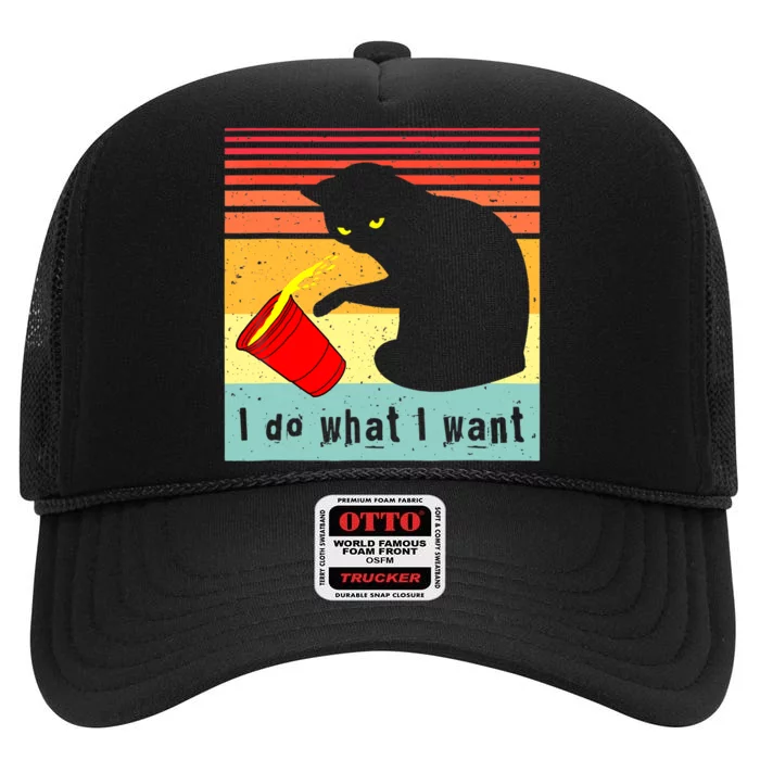 Do What I Want Vintage Black Cat Red Cup Funny Cat High Crown Mesh Trucker Hat