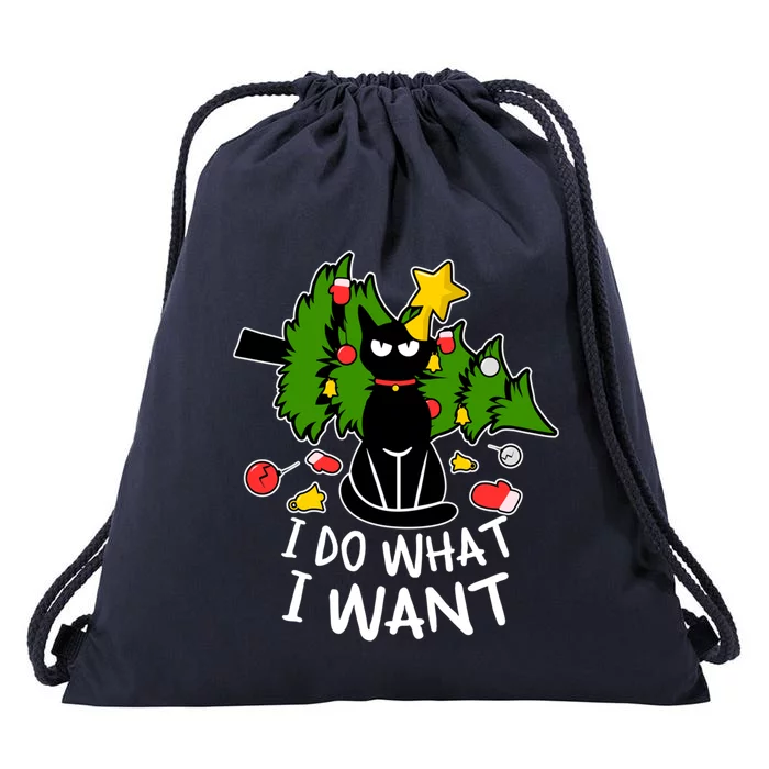 Do What I Want Funny Black Cat Christmas Tree Cat Lady Humor Gift Drawstring Bag