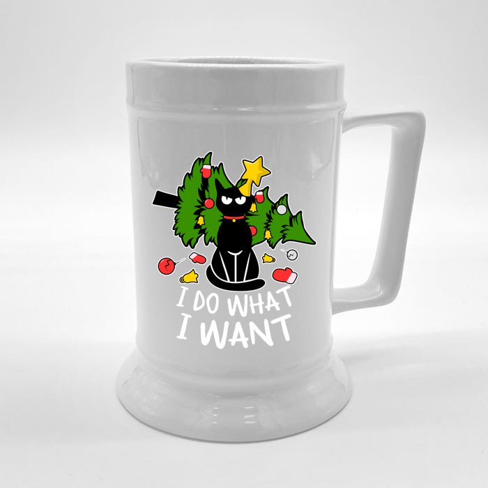 Do What I Want Funny Black Cat Christmas Tree Cat Lady Humor Gift Front & Back Beer Stein