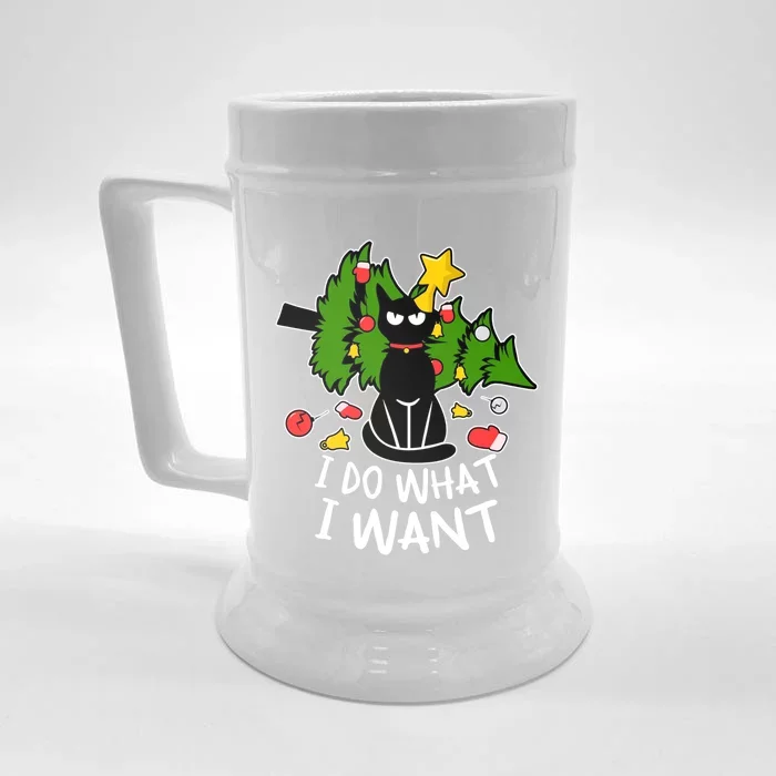 Do What I Want Funny Black Cat Christmas Tree Cat Lady Humor Gift Front & Back Beer Stein