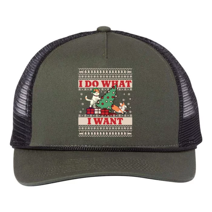 Do What I Want Cat Knocking Over Christmas Tree On Dog Cute Gift Retro Rope Trucker Hat Cap