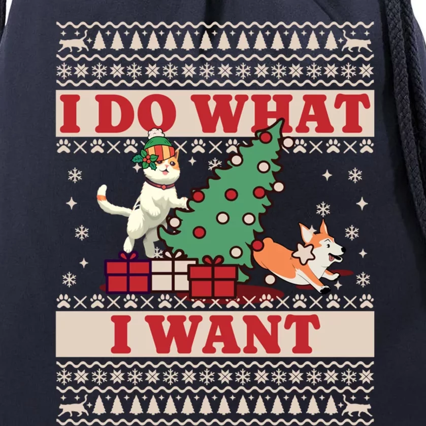 Do What I Want Cat Knocking Over Christmas Tree On Dog Cute Gift Drawstring Bag