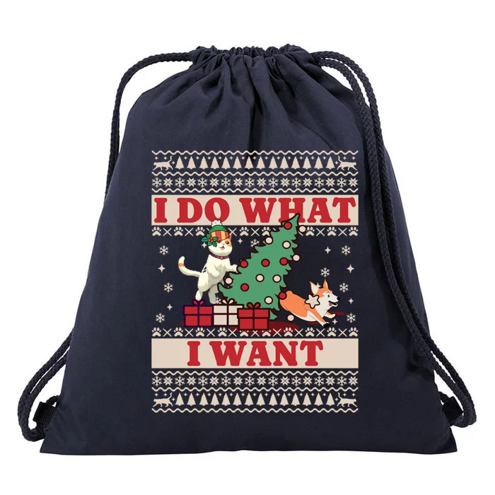 Do What I Want Cat Knocking Over Christmas Tree On Dog Cute Gift Drawstring Bag