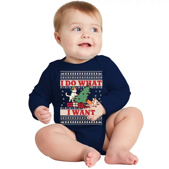 Do What I Want Cat Knocking Over Christmas Tree On Dog Cute Gift Baby Long Sleeve Bodysuit