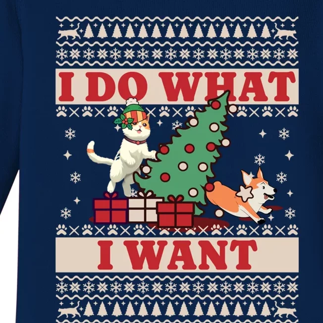 Do What I Want Cat Knocking Over Christmas Tree On Dog Cute Gift Baby Long Sleeve Bodysuit