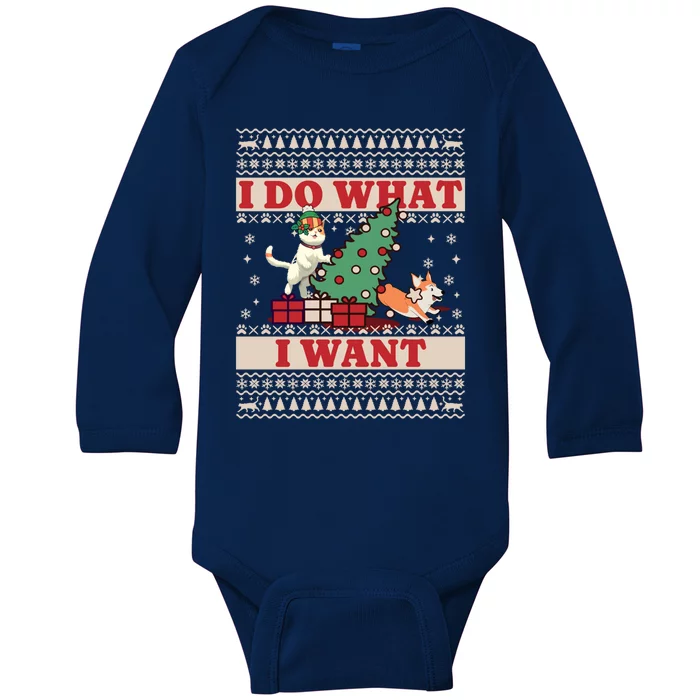 Do What I Want Cat Knocking Over Christmas Tree On Dog Cute Gift Baby Long Sleeve Bodysuit