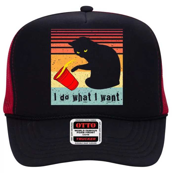 Do What I Want Vintage Black Cat Red Cup High Crown Mesh Trucker Hat