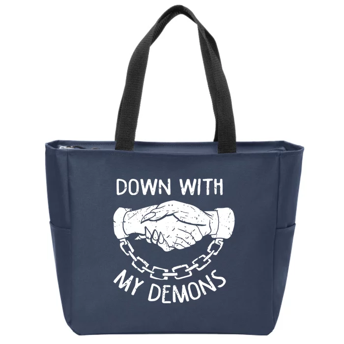 Down With My Demons Deal Handshake Aesthetic Humour Goth Zip Tote Bag