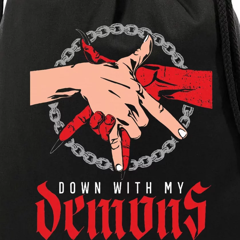 Down With My Demons Deal Handshake Aesthetic Humour Goth Drawstring Bag