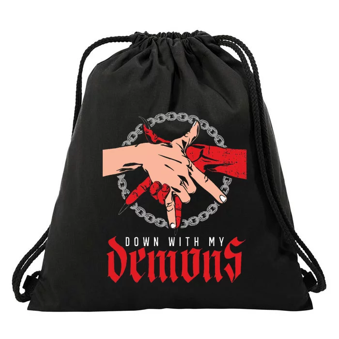 Down With My Demons Deal Handshake Aesthetic Humour Goth Drawstring Bag