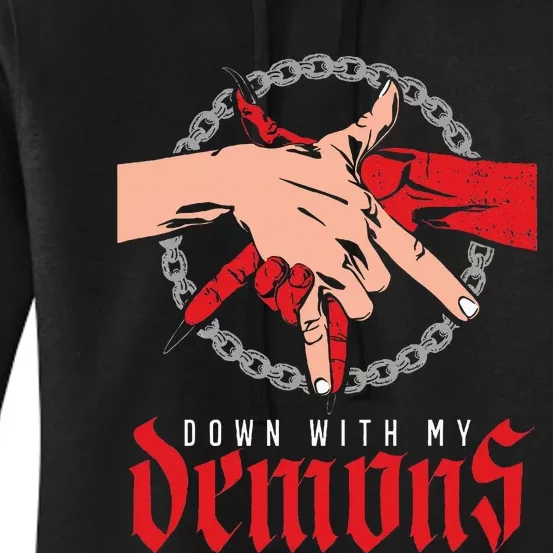 Down With My Demons Deal Handshake Aesthetic Humour Goth Women's Pullover Hoodie