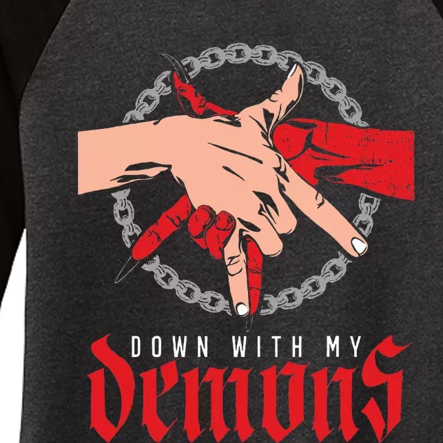 Down With My Demons Deal Handshake Aesthetic Humour Goth Women's Tri-Blend 3/4-Sleeve Raglan Shirt