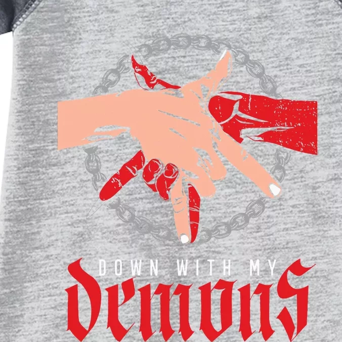 Down With My Demons Deal Handshake Aesthetic Humour Goth Infant Baby Jersey Bodysuit