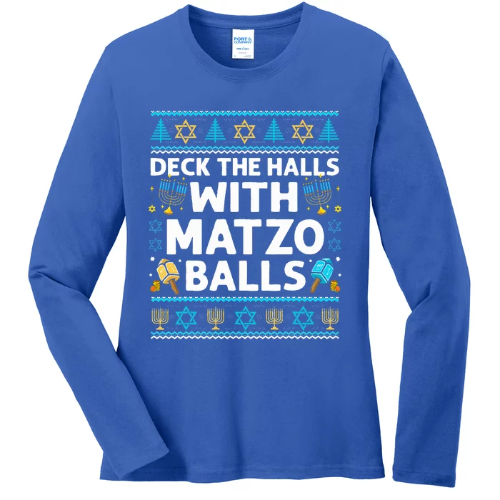 Deck Walls Matzo Balls Ugly Hanukkah Chanukah Ladies Long Sleeve Shirt