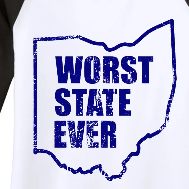 Distressed Worst State Ever Ohio Michigan Sports Fan Women's Tri-Blend 3/4-Sleeve Raglan Shirt