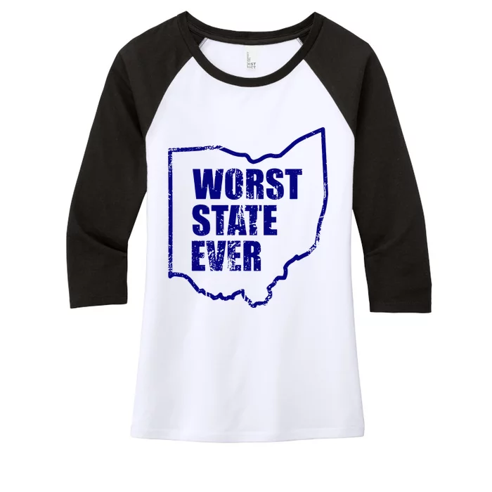 Distressed Worst State Ever Ohio Michigan Sports Fan Women's Tri-Blend 3/4-Sleeve Raglan Shirt