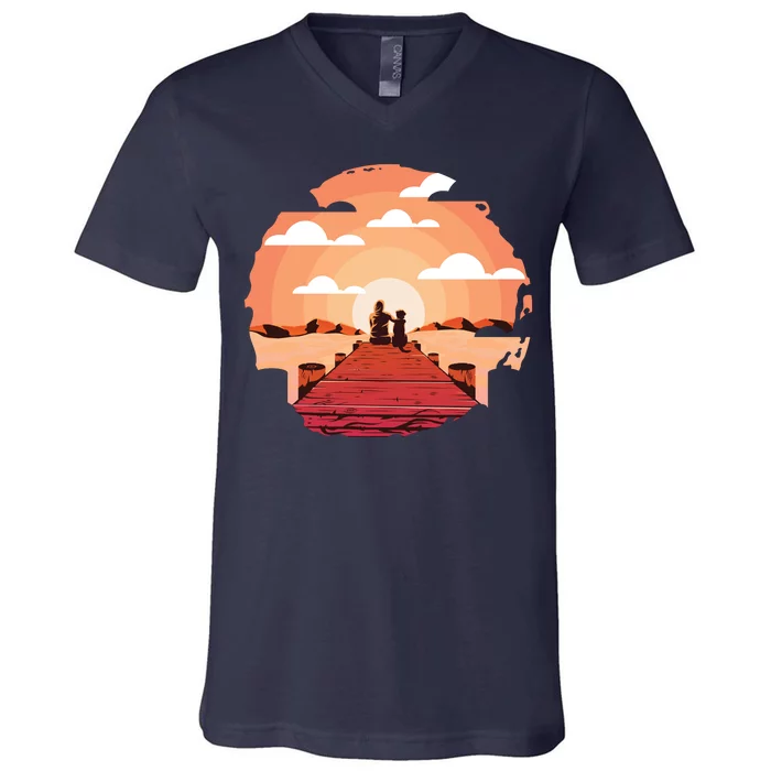 Dog Watching Sunset V-Neck T-Shirt